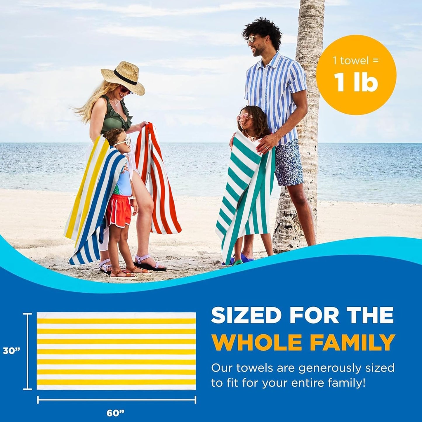 Bright Colored Beach Towels | 100% Cotton Oversized Large Beach Towel | Cabana Striped Towels for Beach/Pool/Hot Tub | Lightweight Velour Beach Towels Set | 30" x 60" | 4 Pack