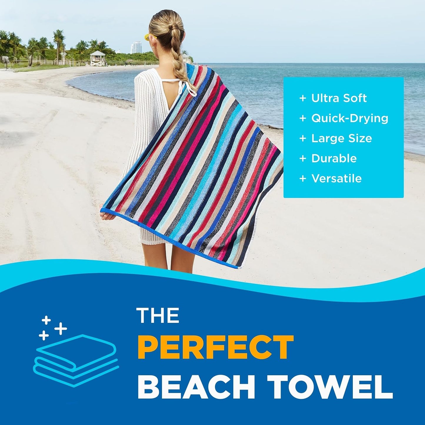 Colored Classic Multi-Color Stripe Towel - Oversized Towel for Beach & Pool - Soft & Absorbent Towels for Versatile Use - Large Cotton Towel for Adults & Kids 30" x 60" - 6 Pack