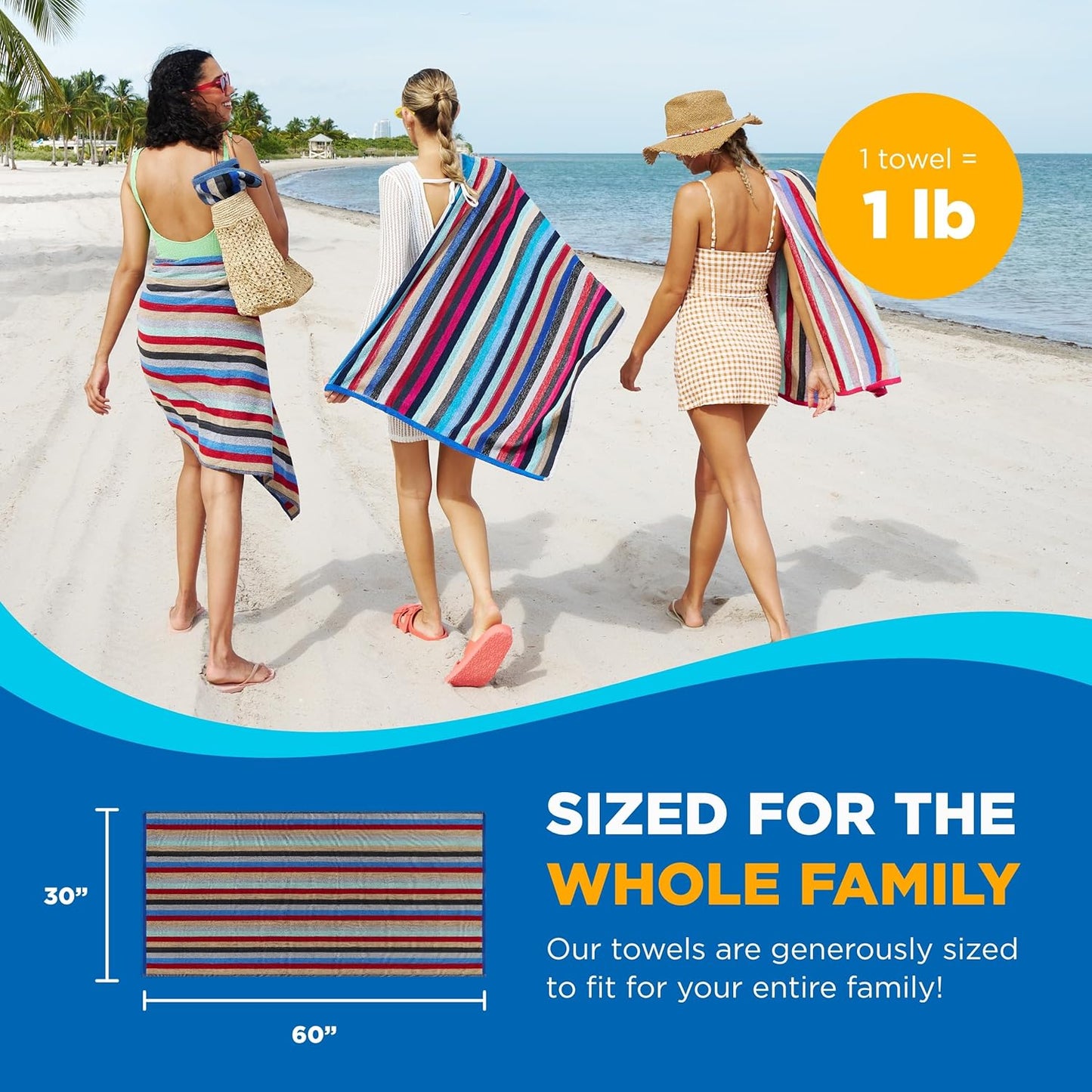 Colored Classic Multi-Color Stripe Towel - Oversized Towel for Beach & Pool - Soft & Absorbent Towels for Versatile Use - Large Cotton Towel for Adults & Kids 30" x 60" - 6 Pack