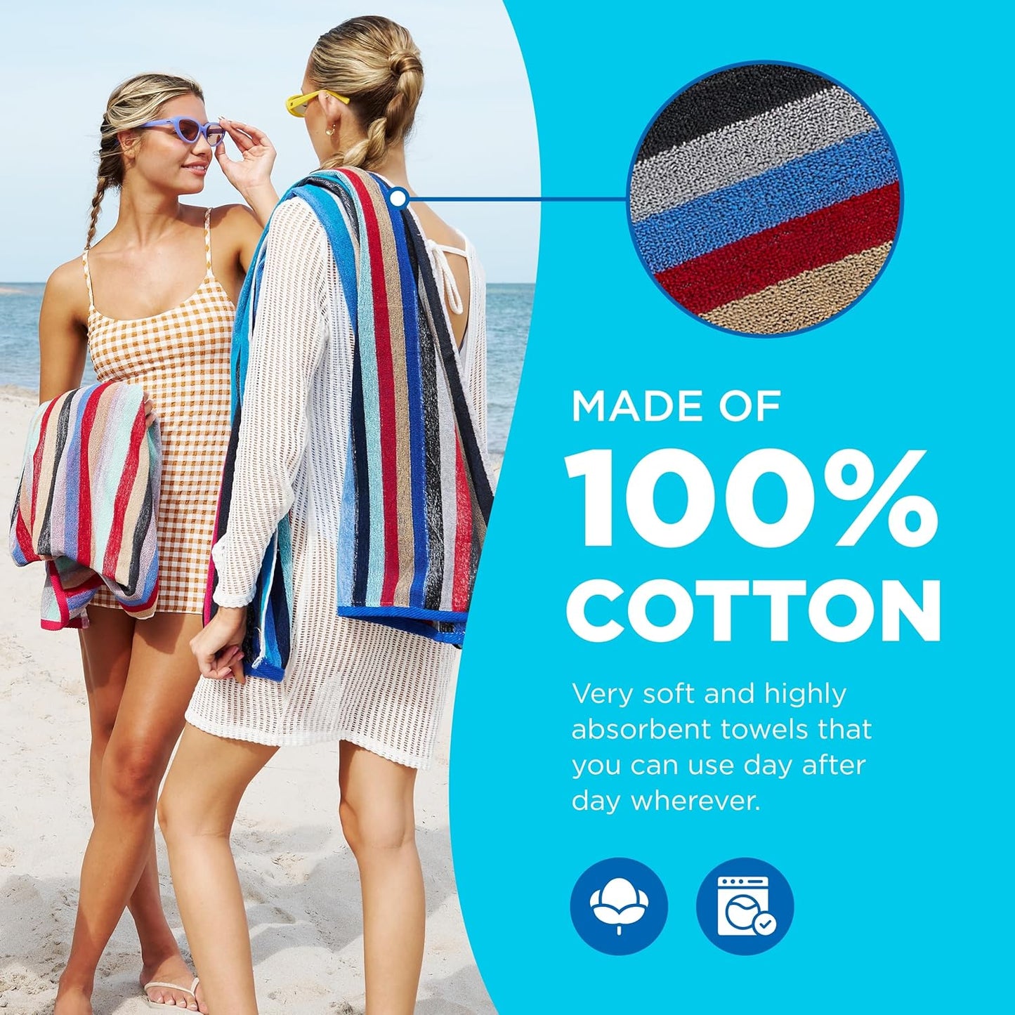 Colored Classic Multi-Color Stripe Towel - Oversized Towel for Beach & Pool - Soft & Absorbent Towels for Versatile Use - Large Cotton Towel for Adults & Kids 30" x 60" - 6 Pack
