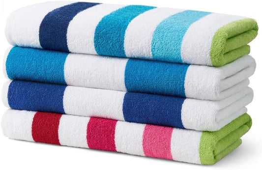 Large Beach Towels | 30" x 60" Terry Cabana Striped Beach Towels | Absorbent, Quick-Drying | 100% Cotton Thick Beach Towels (4 Pack)