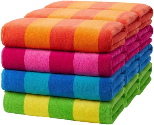 Soft Oversized Beach Towels in Bulk | 30" x 60" Velour Striped Beach Towels | Absorbent, Quick-Drying | 100% Cotton Thick Beach Towels (12 Pack)