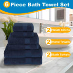 Luxury 100% Cotton Towels | 6 Piece Bath Towel Set | 2 Bath Towels (54 in x 30 in), 2 Hand Towels (16 x 28), 2 Washcloths (13 x 13) | Soft, Absorbent Towels for Bathroom
