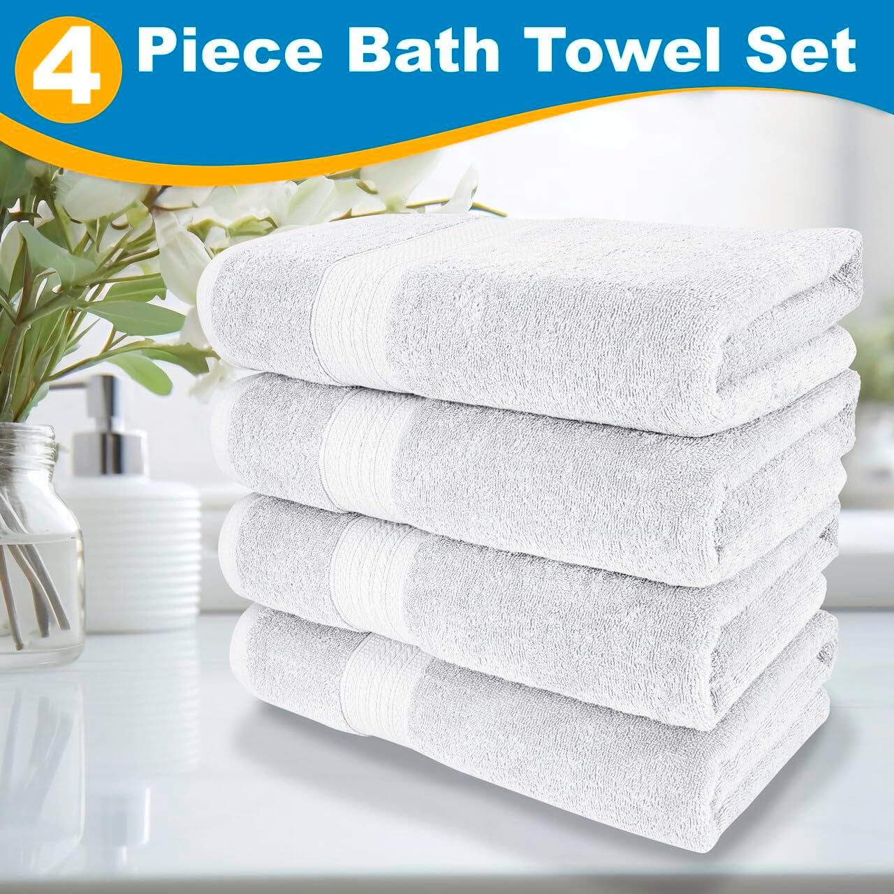 4 Piece 100% Cotton Bath Towel Set | 54 x 30 in | 4 Luxury Bath Towels | Highly Absorbent & Quick Dry Towel | Thick & Soft Premium Bath Towels for Bathroom