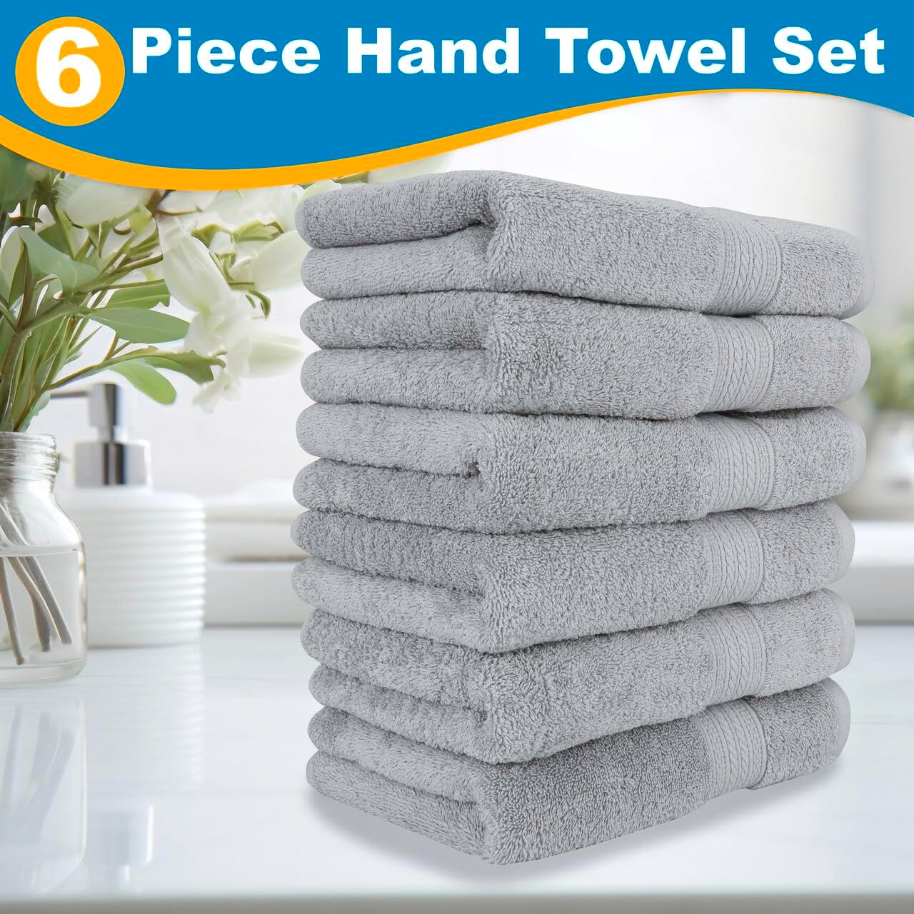 6-Piece Luxury Hand Towel Set | 16 x 28 in | 6 Plush Hand Towels for Bathroom | Ultra Soft & Highly Absorbent 100% Cotton Hand Towels for Bathroom