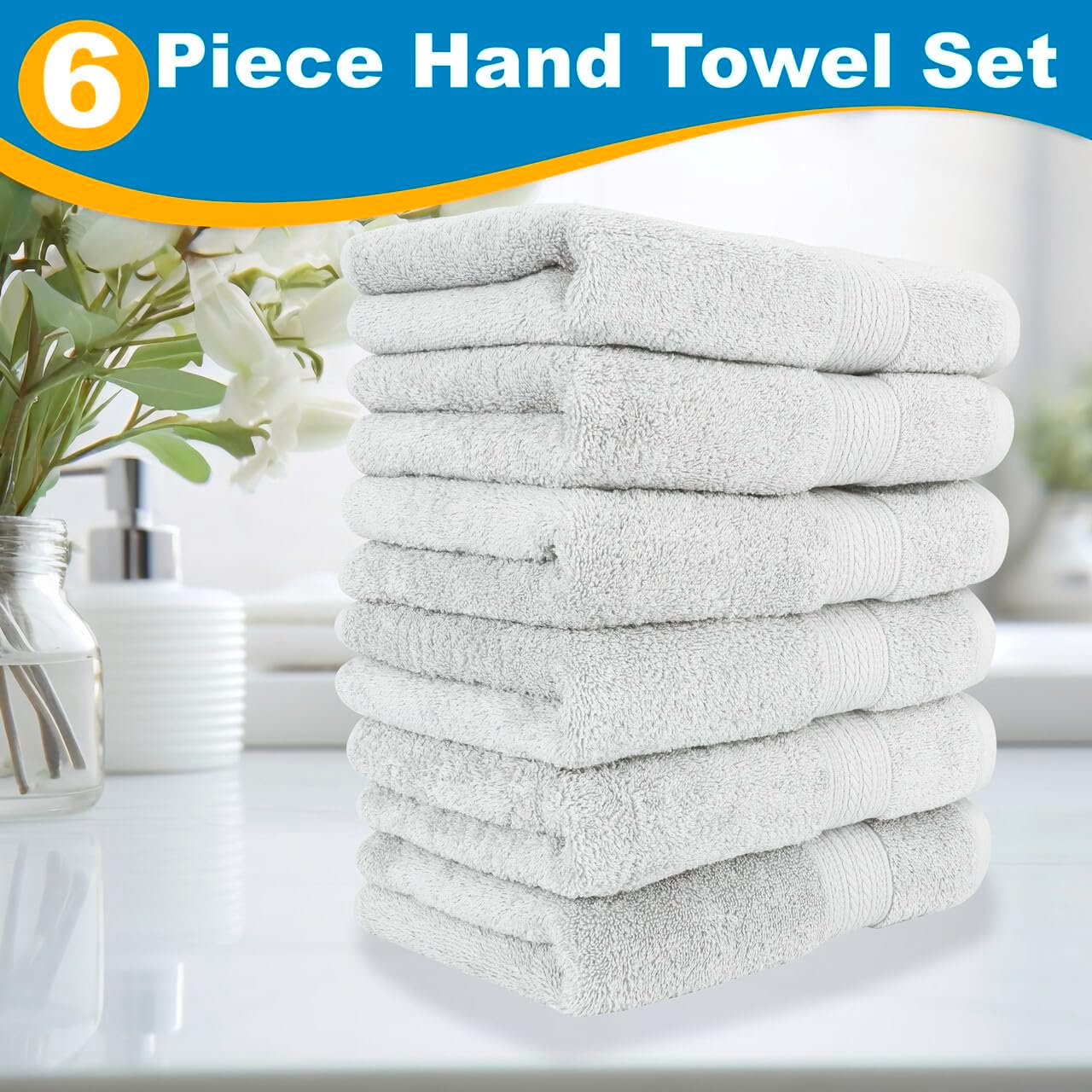 6-Piece Luxury Hand Towel Set | 16 x 28 in | 6 Plush Hand Towels for Bathroom | Ultra Soft & Highly Absorbent 100% Cotton Hand Towels for Bathroom