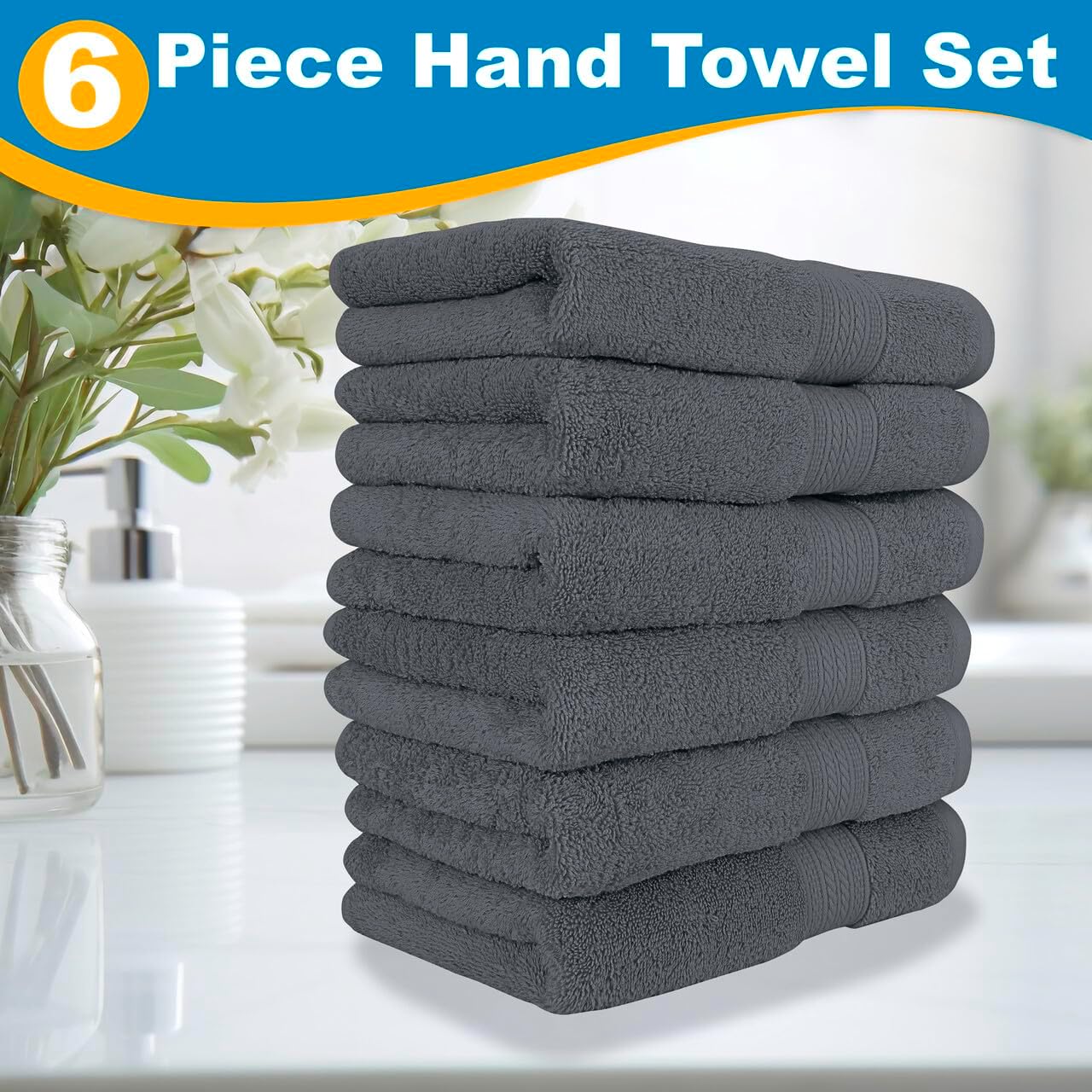 6-Piece Luxury Hand Towel Set | 16 x 28 in | 6 Plush Hand Towels for Bathroom | Ultra Soft & Highly Absorbent 100% Cotton Hand Towels for Bathroom