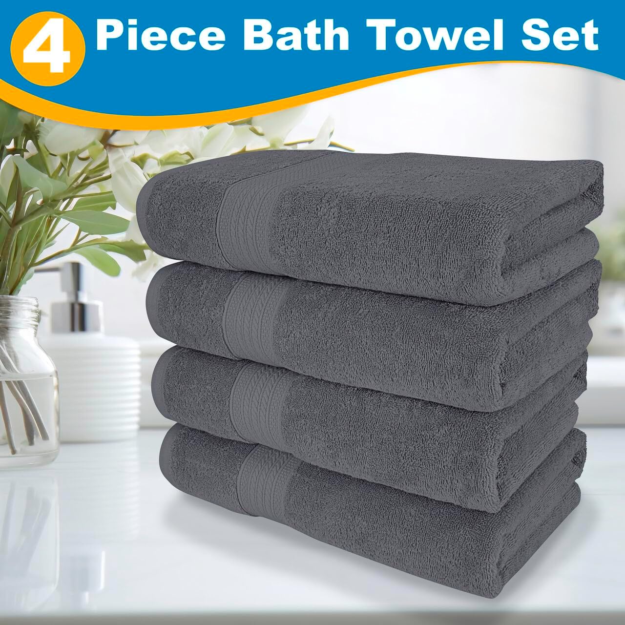 4 Piece 100% Cotton Bath Towel Set | 54 x 30 in | 4 Luxury Bath Towels | Highly Absorbent & Quick Dry Towel | Thick & Soft Premium Bath Towels for Bathroom