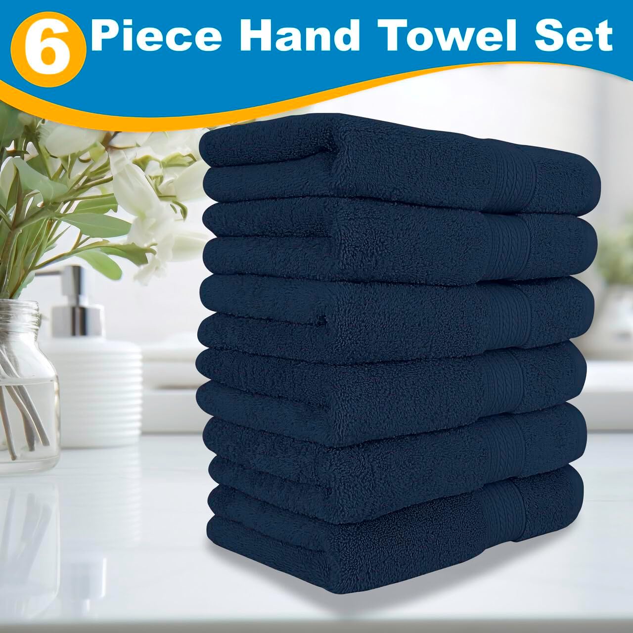 6-Piece Luxury Hand Towel Set | 16 x 28 in | 6 Plush Hand Towels for Bathroom | Ultra Soft & Highly Absorbent 100% Cotton Hand Towels for Bathroom