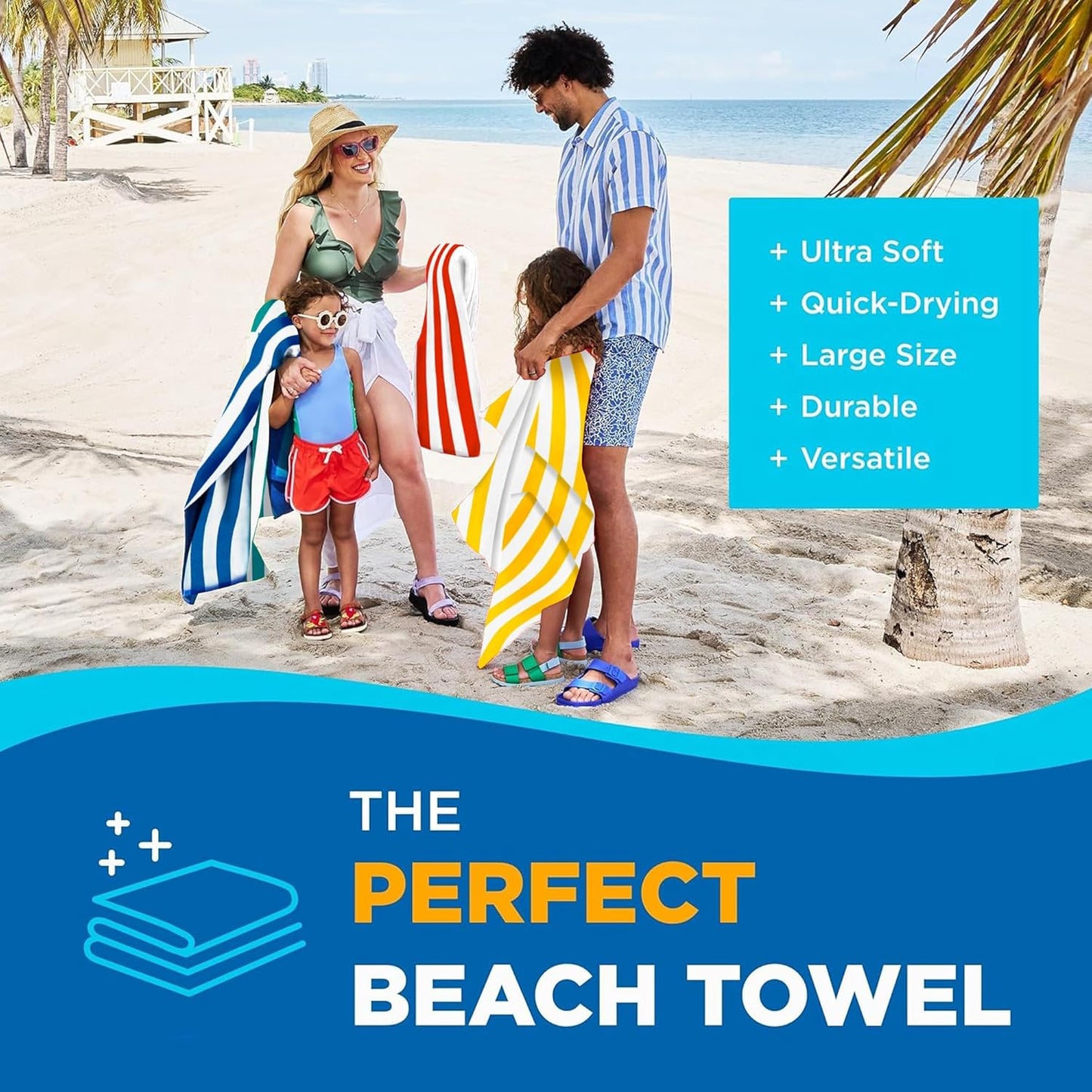 Bright Colored Beach Towels | 100% Cotton Oversized Large Beach Towel | Cabana Striped Towels for Beach/Pool/Hot Tub | Lightweight Velour Beach Towels Set | 30" x 60" | 4 Pack