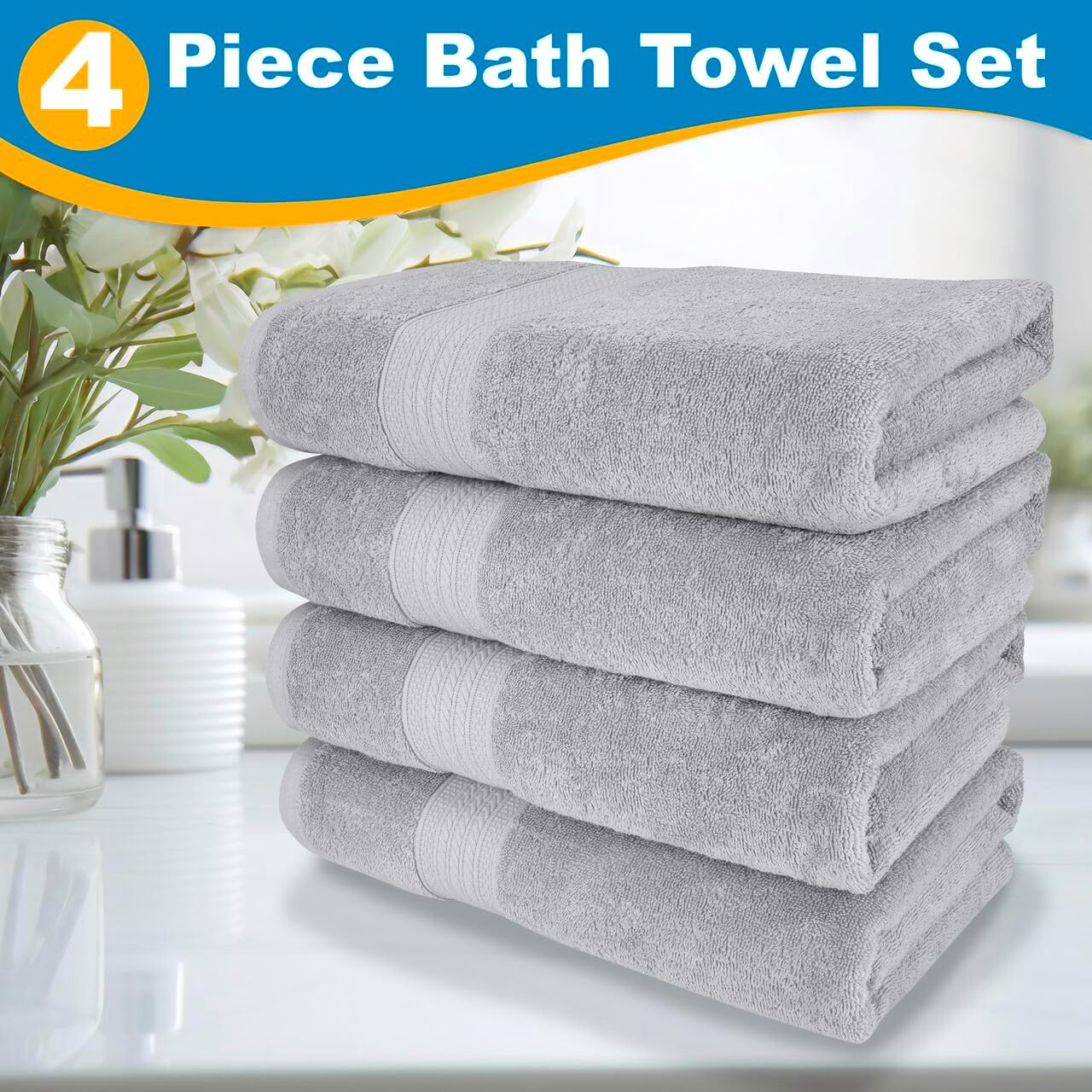 4 Piece 100% Cotton Bath Towel Set | 54 x 30 in | 4 Luxury Bath Towels | Highly Absorbent & Quick Dry Towel | Thick & Soft Premium Bath Towels for Bathroom