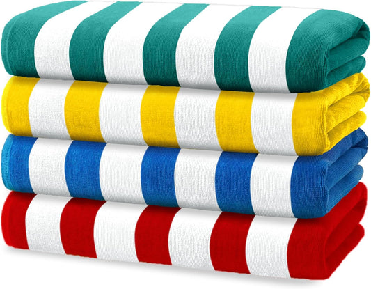 Bright Colored Beach Towels | 100% Cotton Oversized Large Beach Towel | Cabana Striped Towels for Beach/Pool/Hot Tub | Lightweight Velour Beach Towels Set | 30" x 60" | 4 Pack