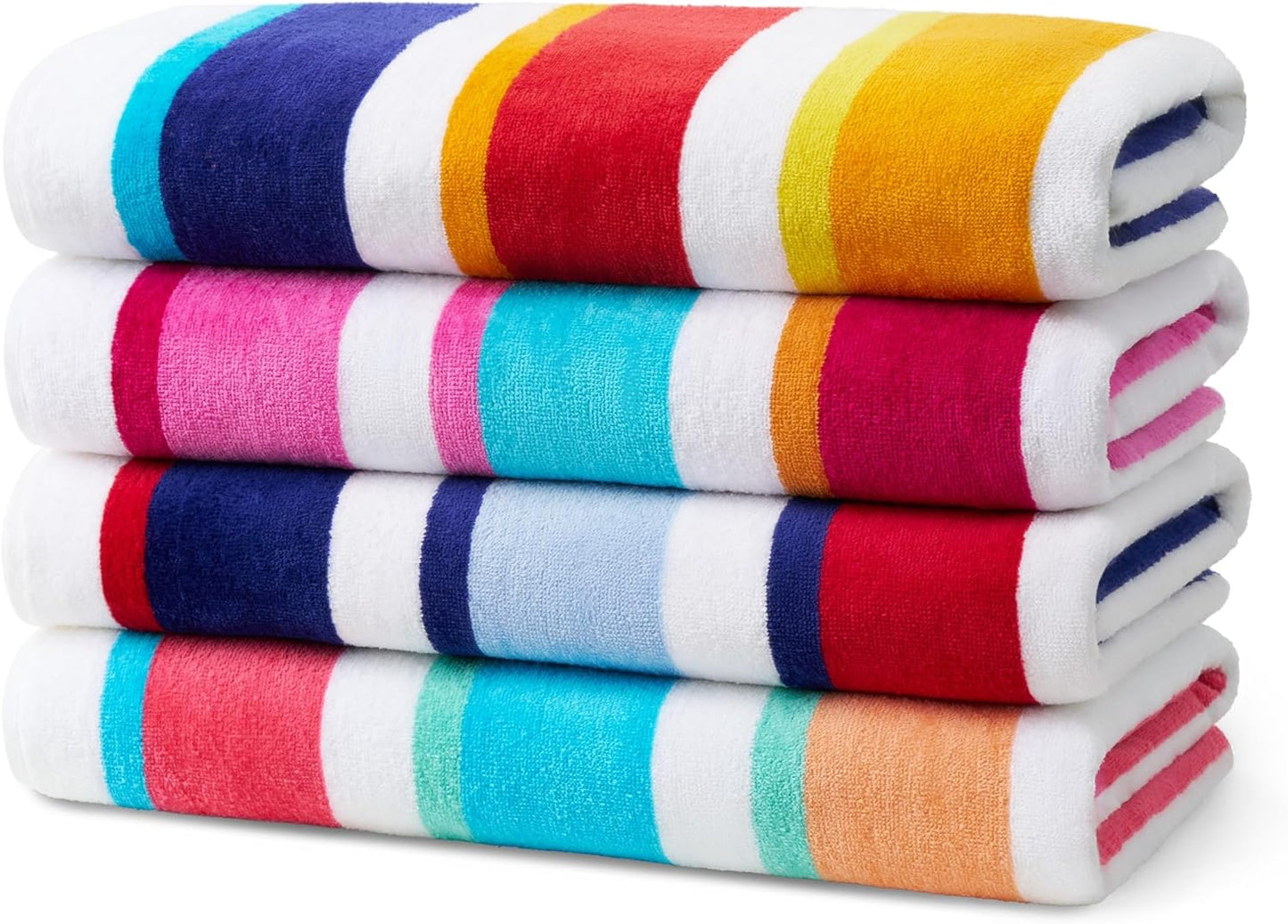 Joey Velour Colored Classic Multi-Color Stripe Beach & Pool Towel - Large 100% Combed Cotton Beach Towel - Soft & Absorbent Colorful Towels - 32" x 62" - 4 Pack