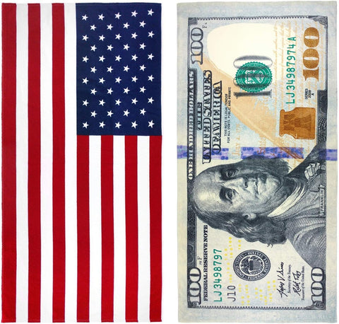 Printed Beach Towel Set - Oversized Beach Towel for Kids - Quick-Dry & Soft Cotton Towel with Printed Design - Luxury Towel for Swimming - 30" x 60", American Flag/100 Dollar Bill (2 Pack) Visit the BEN KAUFMAN SALES CO Store