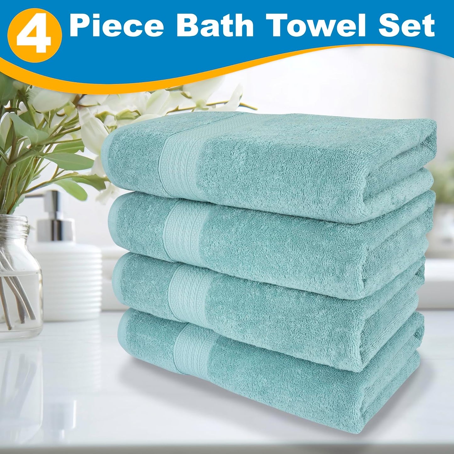 4 Piece 100% Cotton Bath Towel Set | 54 x 30 in | 4 Luxury Bath Towels | Highly Absorbent & Quick Dry Towel | Thick & Soft Premium Bath Towels for Bathroom