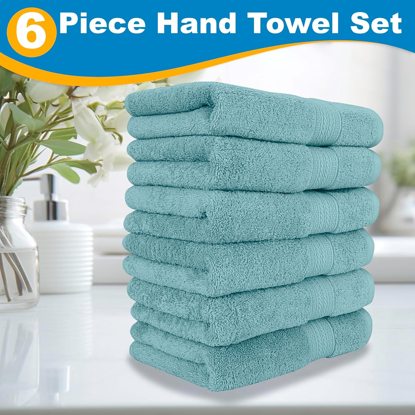 6-Piece Luxury Hand Towel Set | 16 x 28 in | 6 Plush Hand Towels for Bathroom | Ultra Soft & Highly Absorbent 100% Cotton Hand Towels for Bathroom